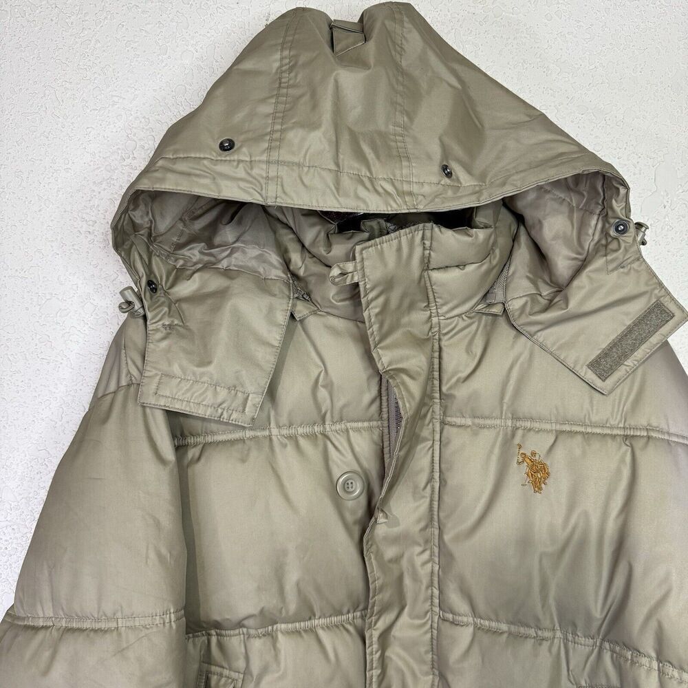 Vintage US Polo Assn Heavy Puffer Jacket Mens Large Beige Zip Button Close -Hood